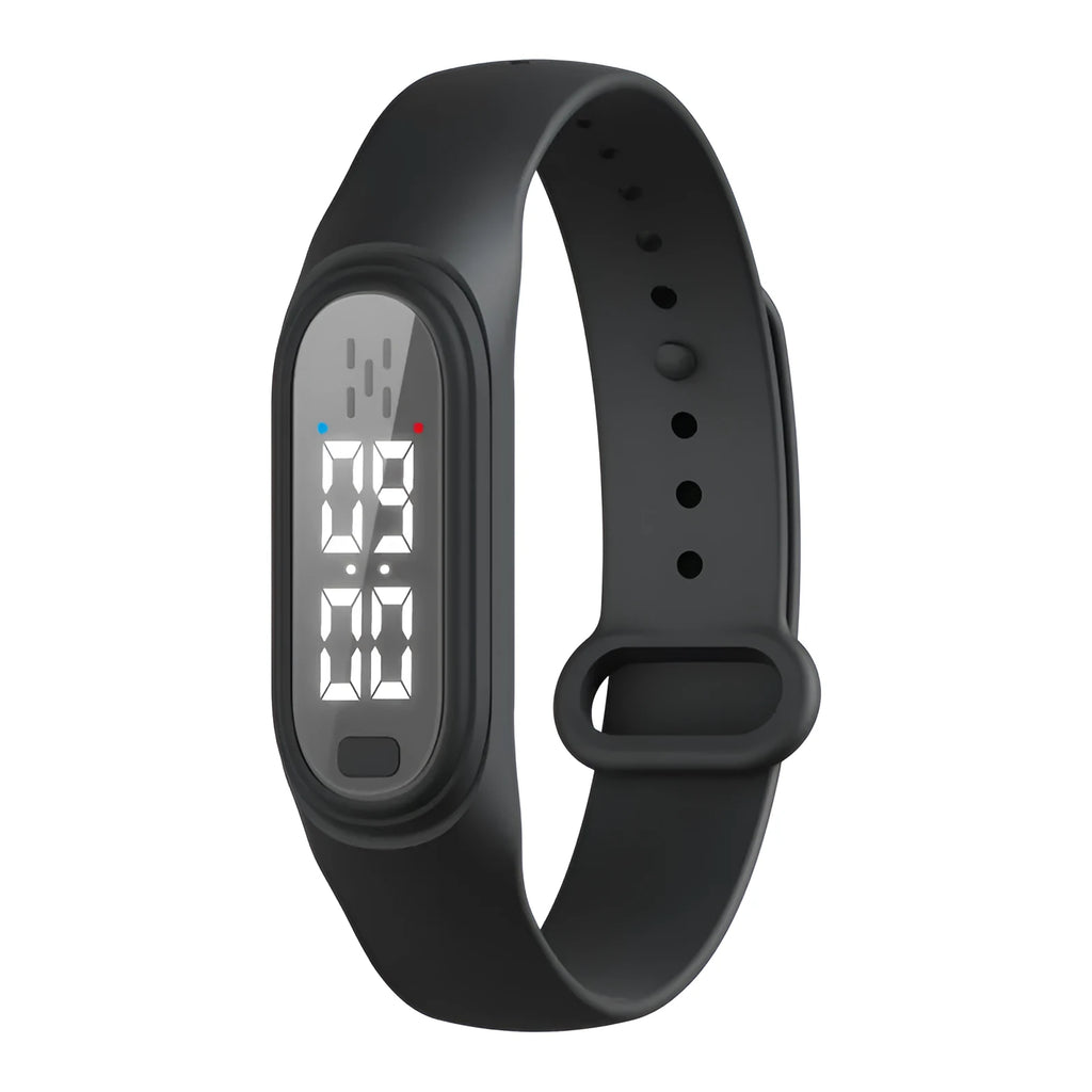Ultrasonic electronic anti-mosquito bracelet in black, white, blue, and pink colour options.
