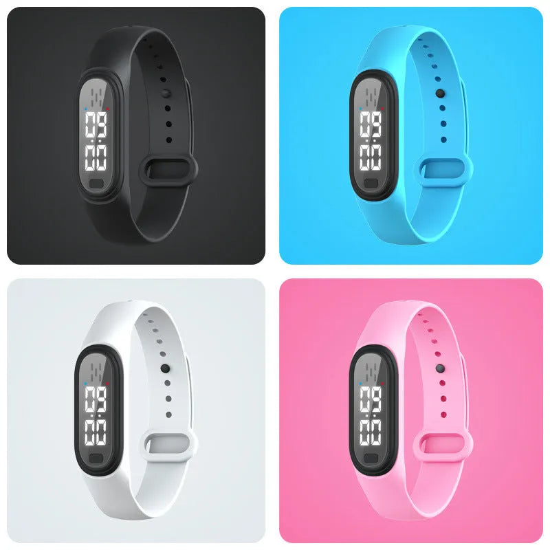 Ultrasonic electronic anti-mosquito bracelet in black, white, blue, and pink colour options.