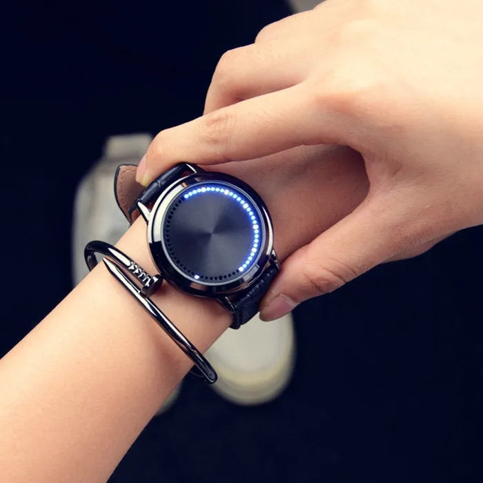 Casual black and white electronic digital watch with blue light number display.