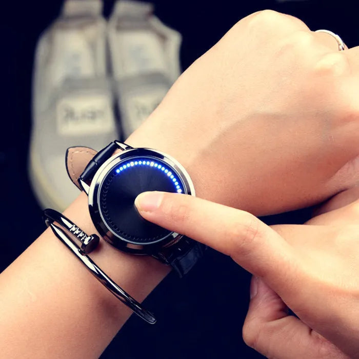 Casual black and white electronic digital watch with blue light number display.