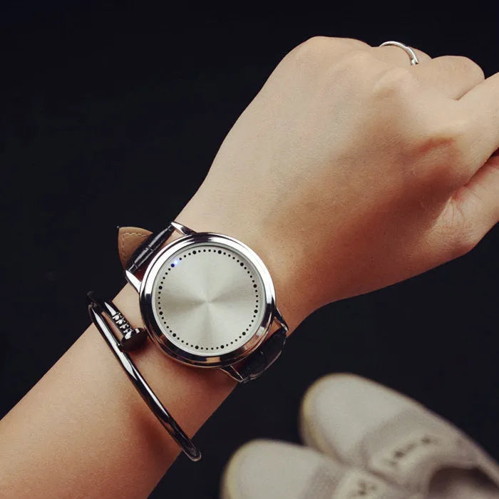 Casual black and white electronic digital watch with blue light number display.