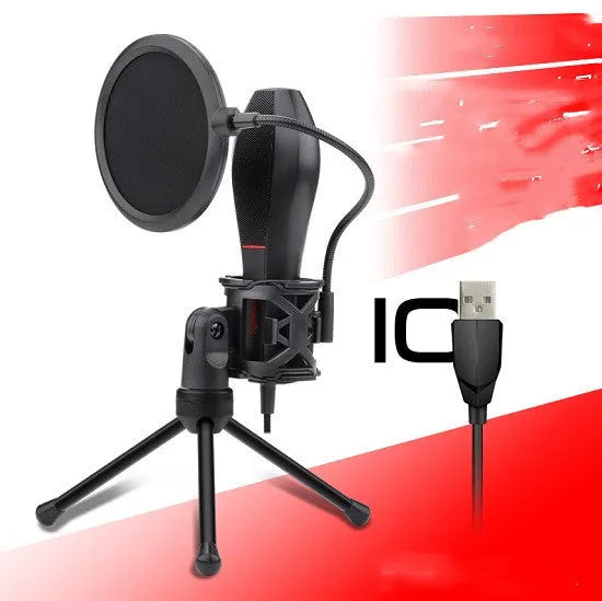 Black USB broadcast microphone for live streaming with directional noise reduction
