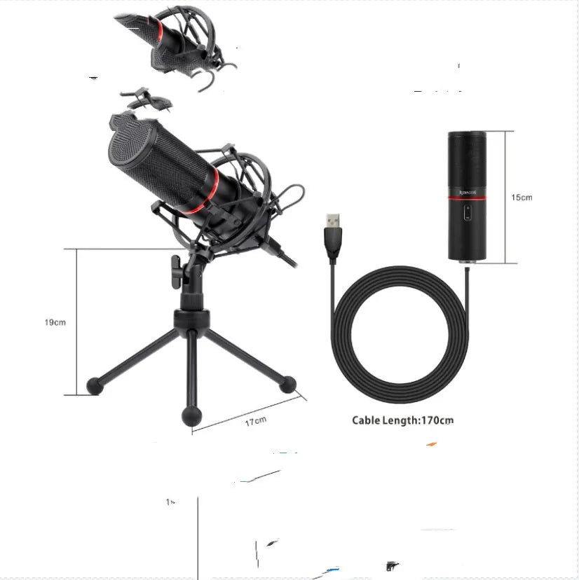 Black USB broadcast microphone for live streaming with directional noise reduction