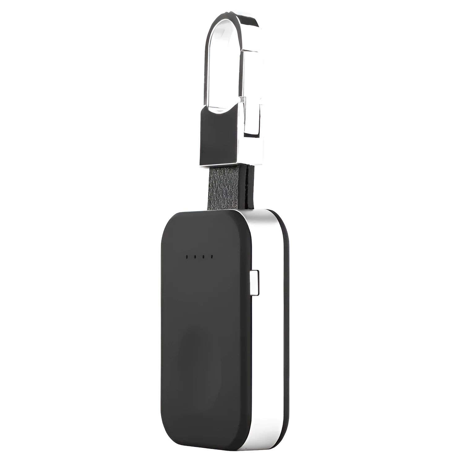 Black portable keychain power bank for wireless charging of Apple Watch on a white background.