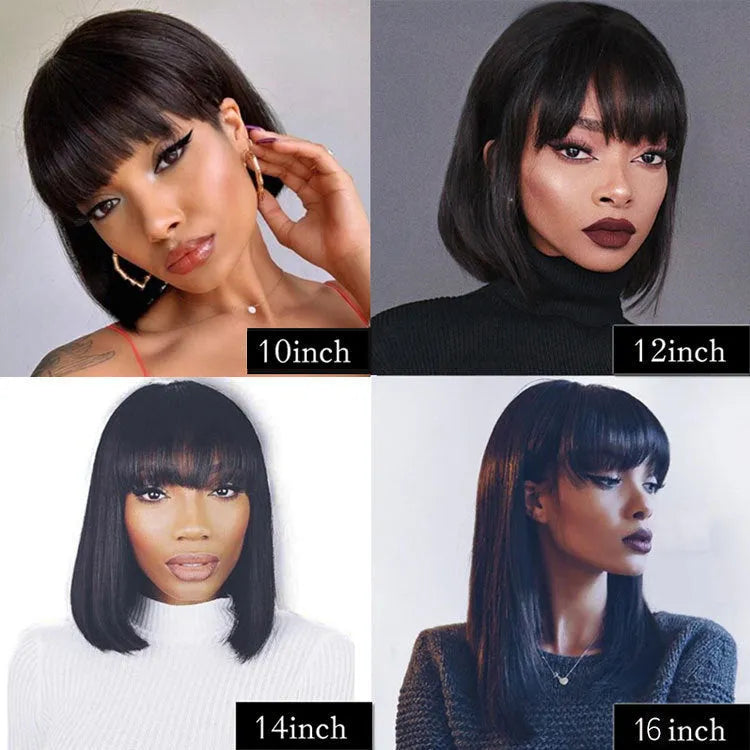 Unice black real human hair wig with lace front, shown at 10 inches length on a model.