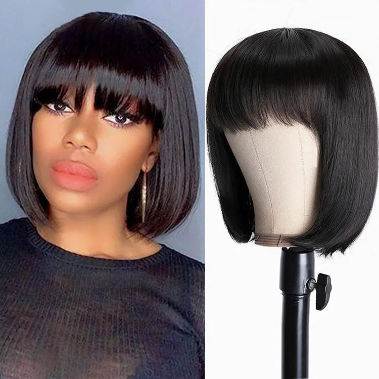 Unice black real human hair wig with lace front, shown at 10 inches length on a model.