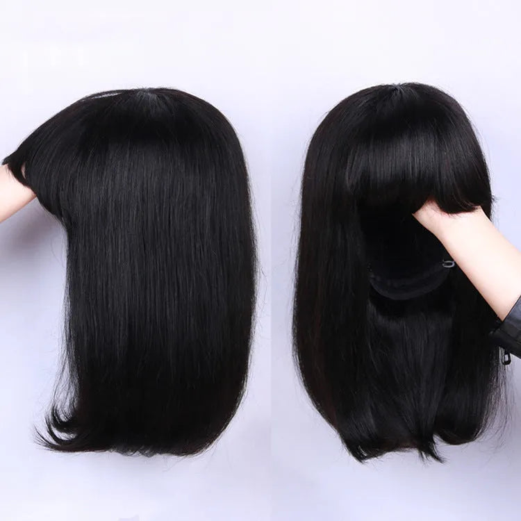 Unice black real human hair wig with lace front, shown at 10 inches length on a model.