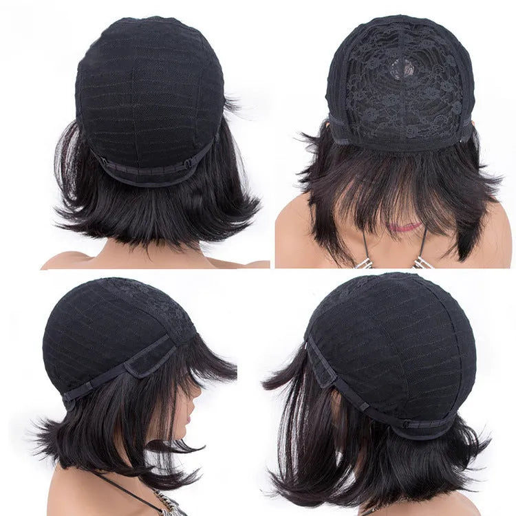 Unice black real human hair wig with lace front, shown at 10 inches length on a model.