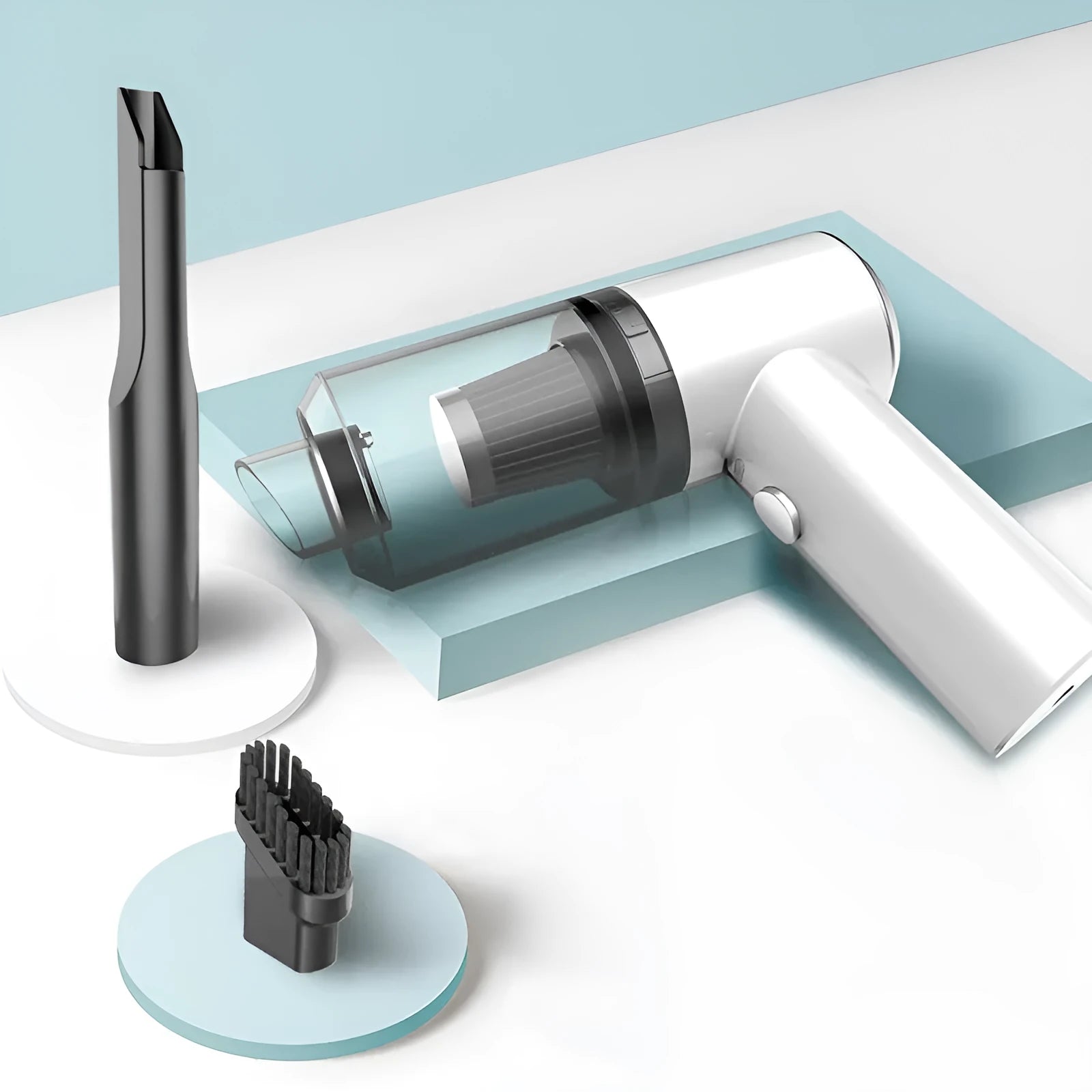 Wireless handheld car vacuum cleaner with a long cord on a car seat.