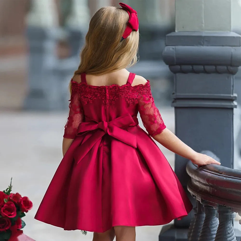 Girls simple style dress with lace detail in red colour, showing front view.