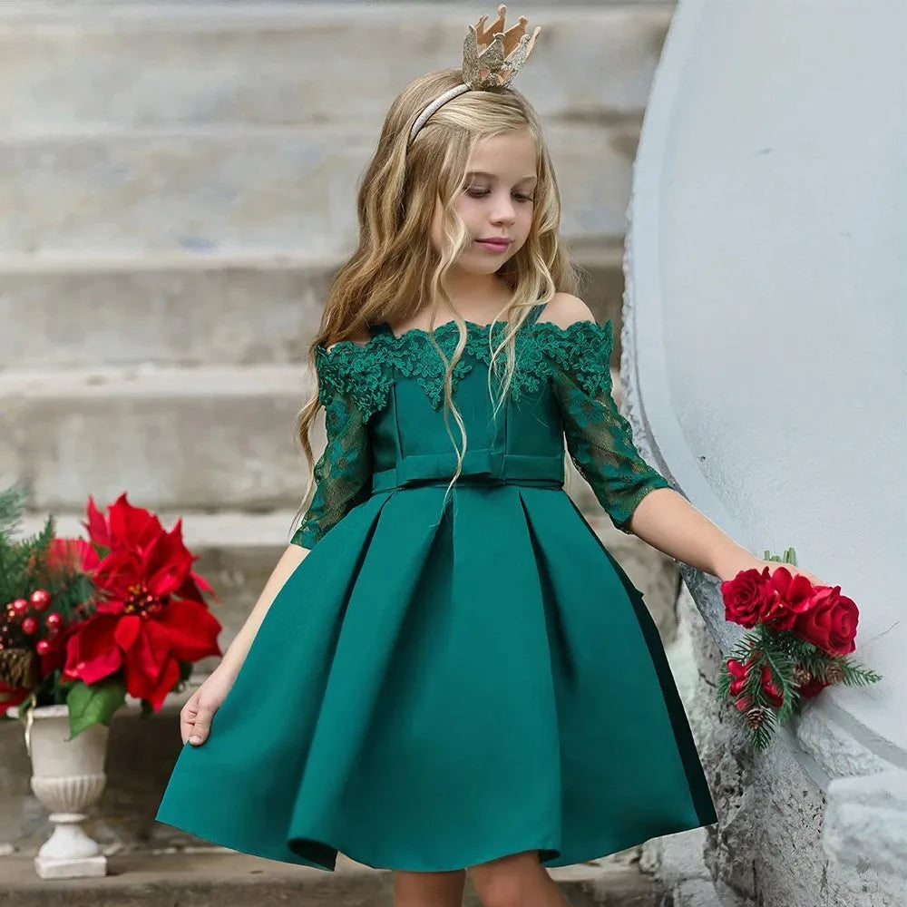 Girls simple style dress with lace detail in red colour, showing front view.