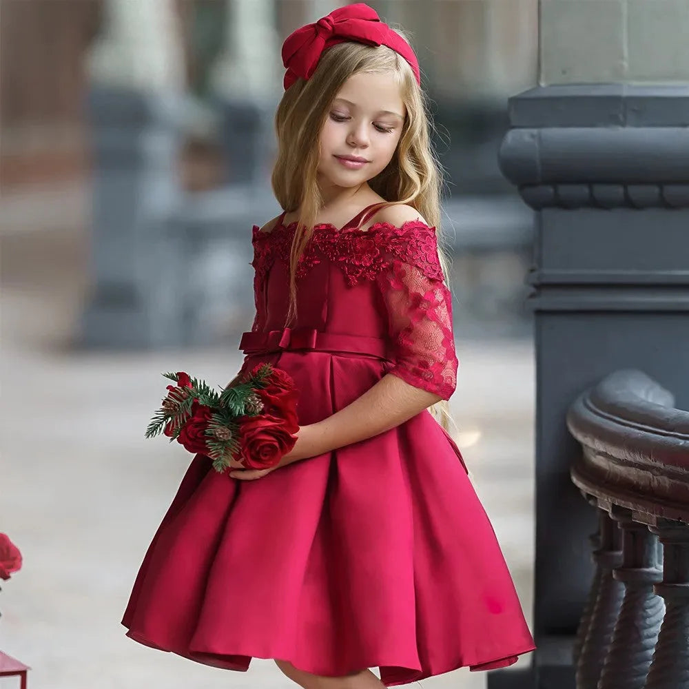 Girls simple style dress with lace detail in red colour, showing front view.
