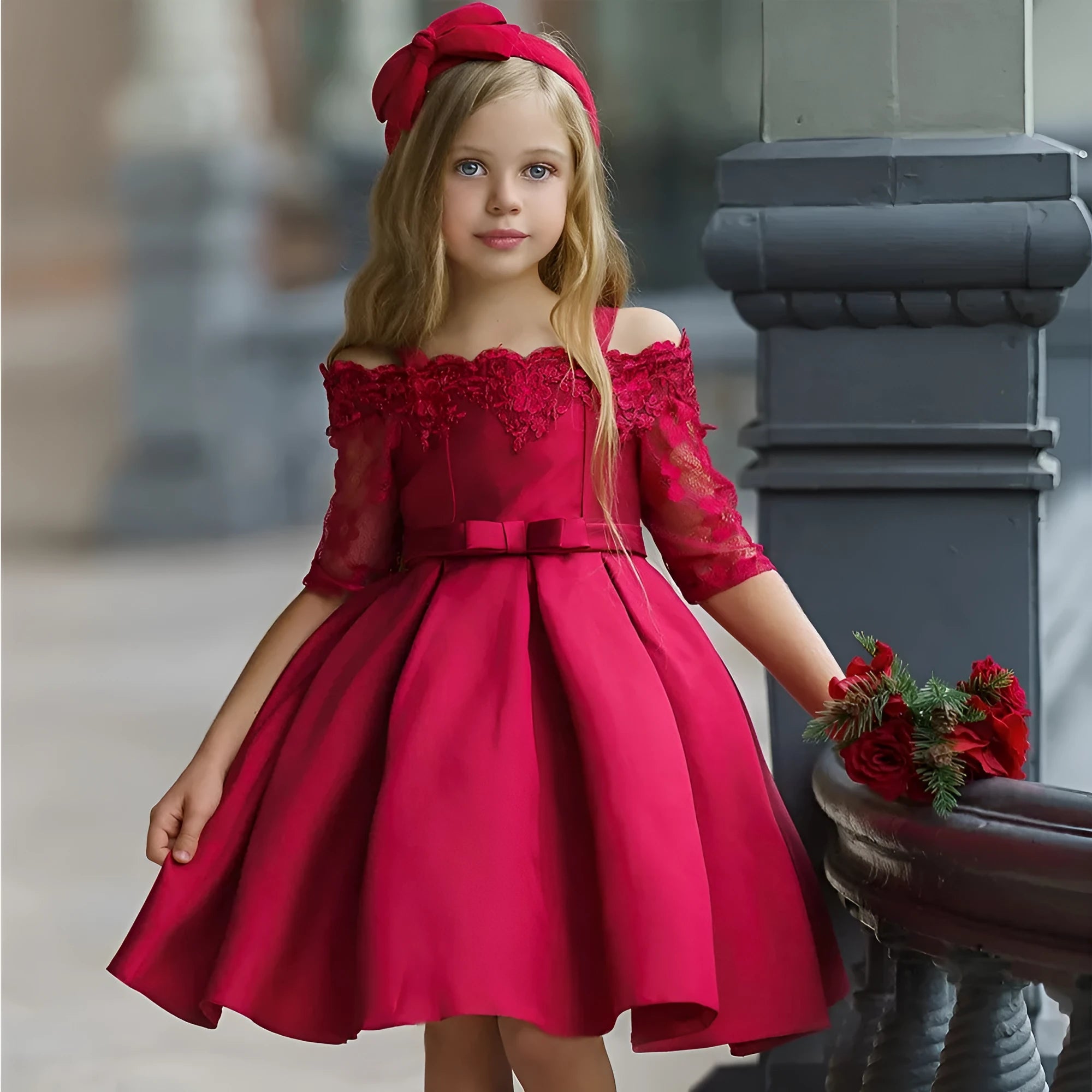 Girls simple style dress with lace detail in red colour, showing front view.
