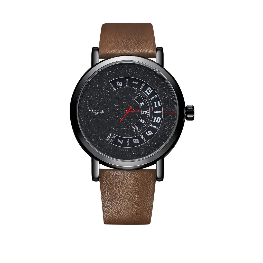 Men's waterproof quartz watch with turntable bezel, metal case and strap, on a wrist.
