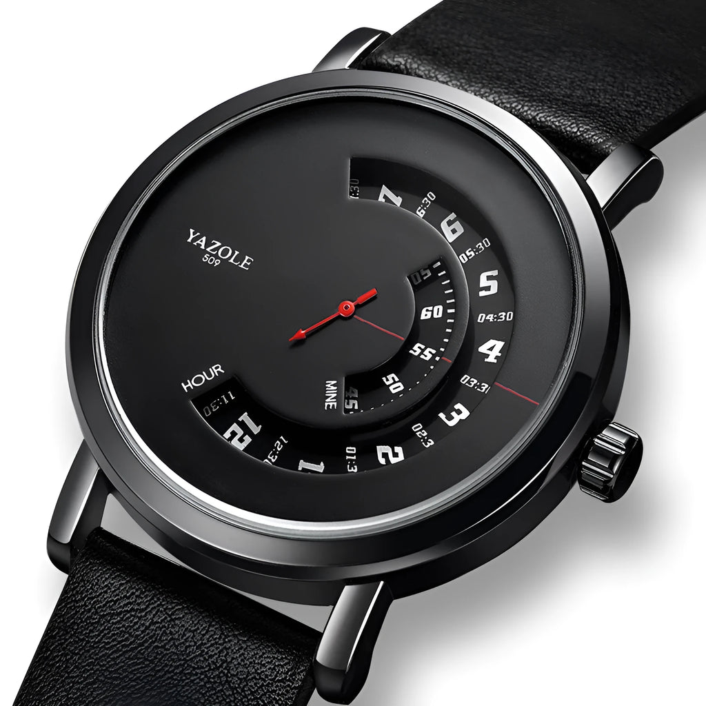 Men's waterproof quartz watch with turntable bezel, metal case and strap, on a wrist.