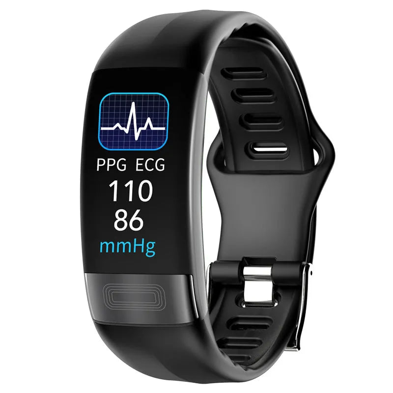 Black smart health bracelet with touchscreen displaying heart rate and ECG graph on a wrist.