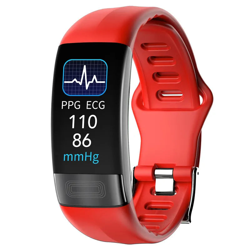 Black smart health bracelet with touchscreen displaying heart rate and ECG graph on a wrist.