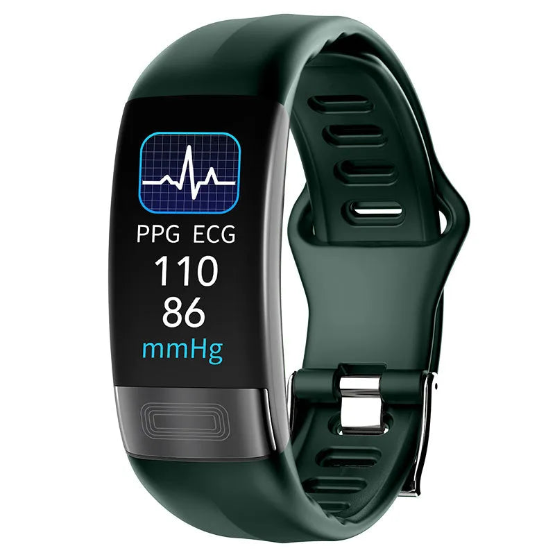 Black smart health bracelet with touchscreen displaying heart rate and ECG graph on a wrist.