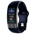 Black smart health bracelet with touchscreen displaying heart rate and ECG graph on a wrist.