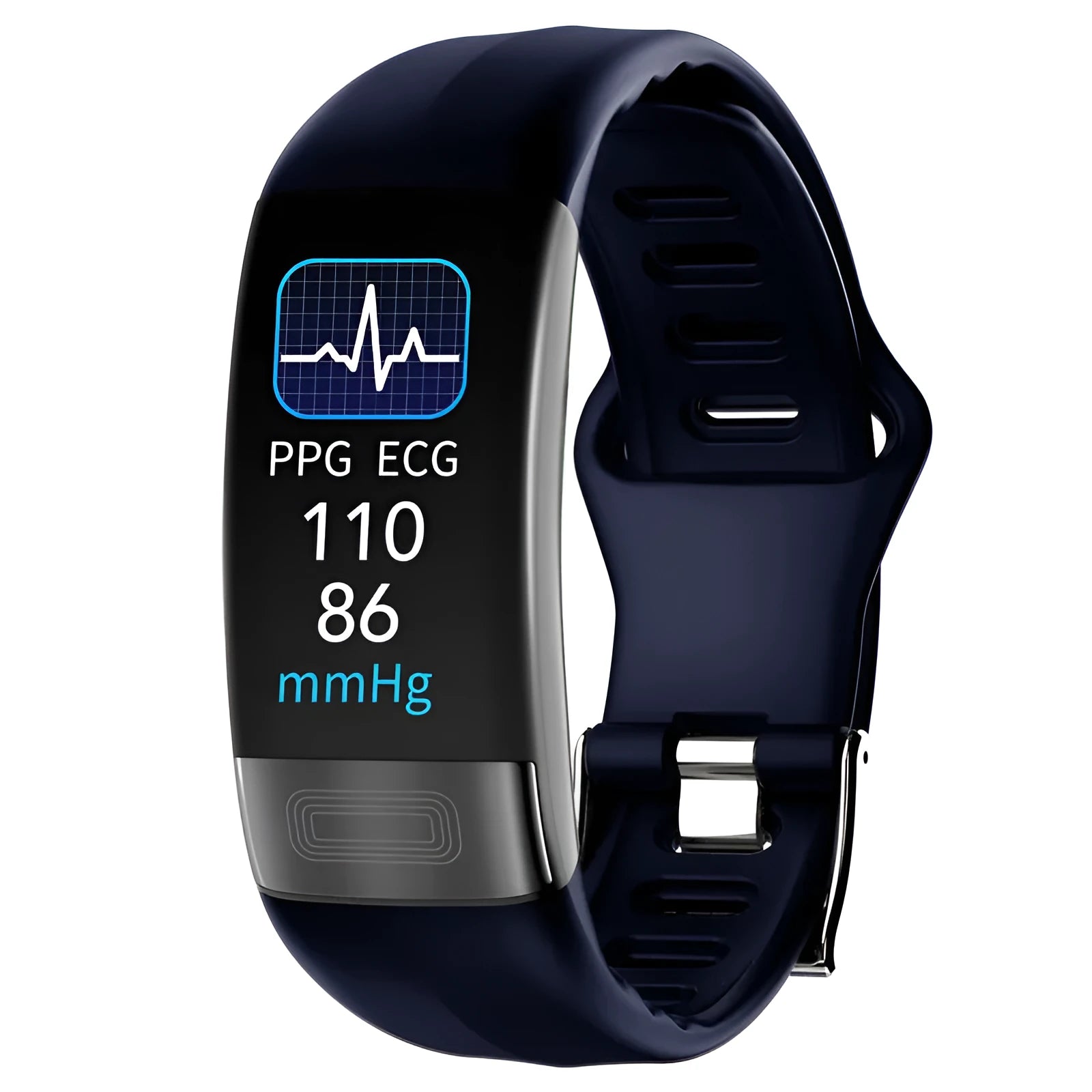 Black smart health bracelet with touchscreen displaying heart rate and ECG graph on a wrist.