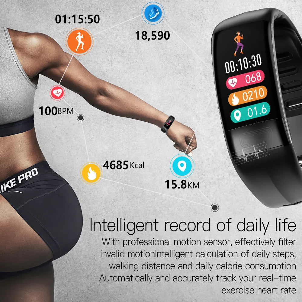 Black smart health bracelet with touchscreen displaying heart rate and ECG graph on a wrist.