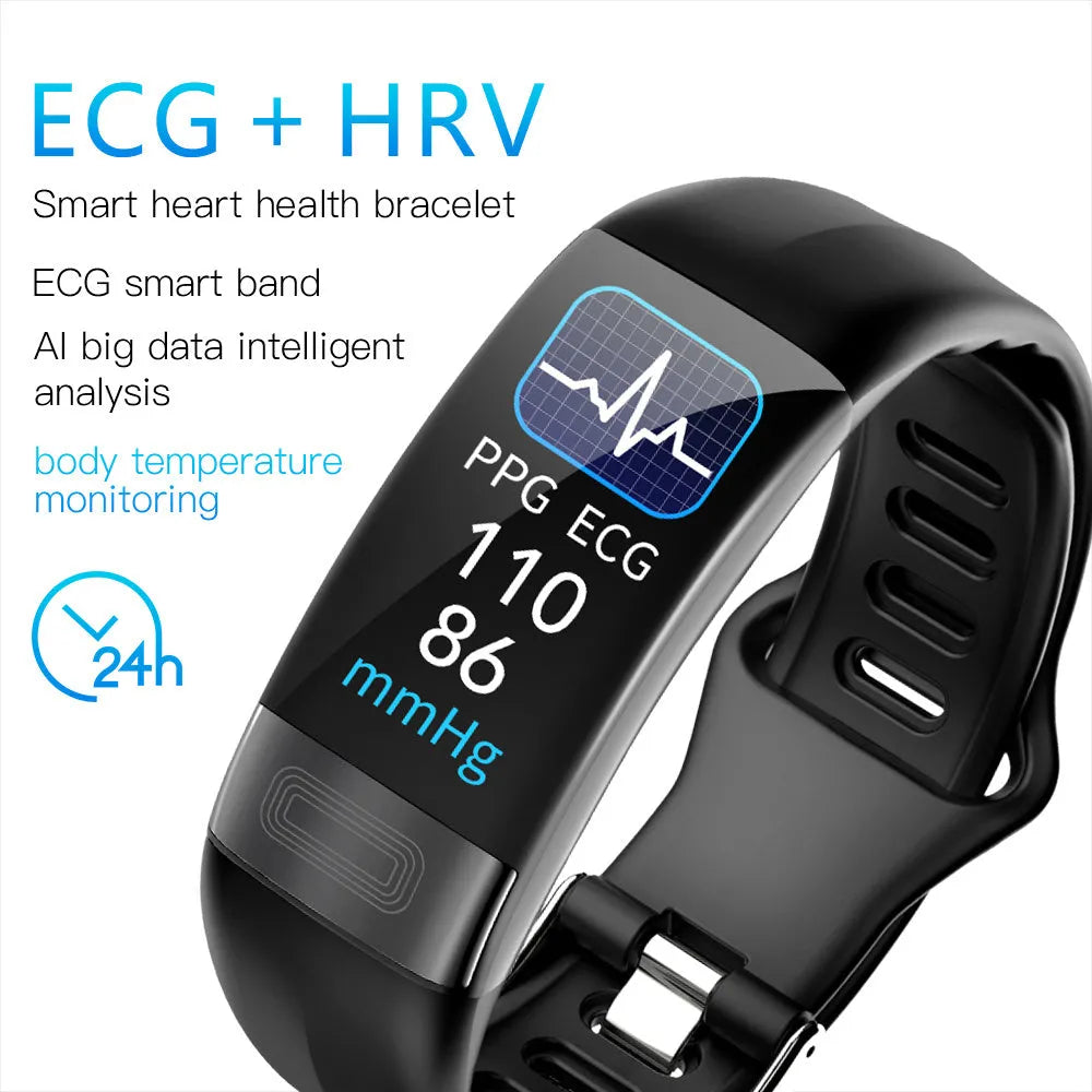 Black smart health bracelet with touchscreen displaying heart rate and ECG graph on a wrist.