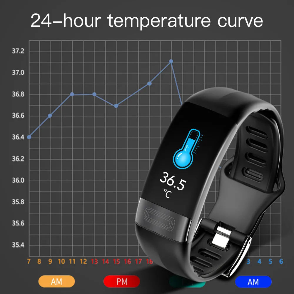Black smart health bracelet with touchscreen displaying heart rate and ECG graph on a wrist.