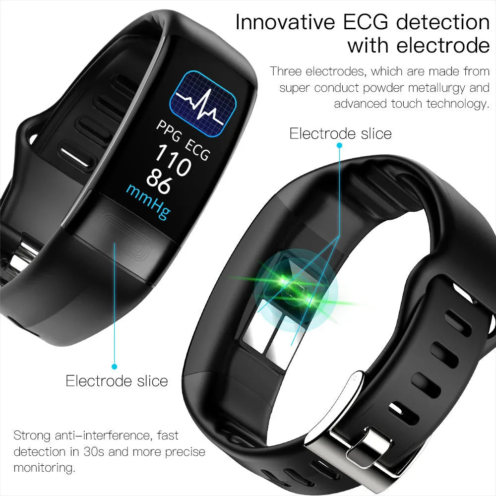 Black smart health bracelet with touchscreen displaying heart rate and ECG graph on a wrist.