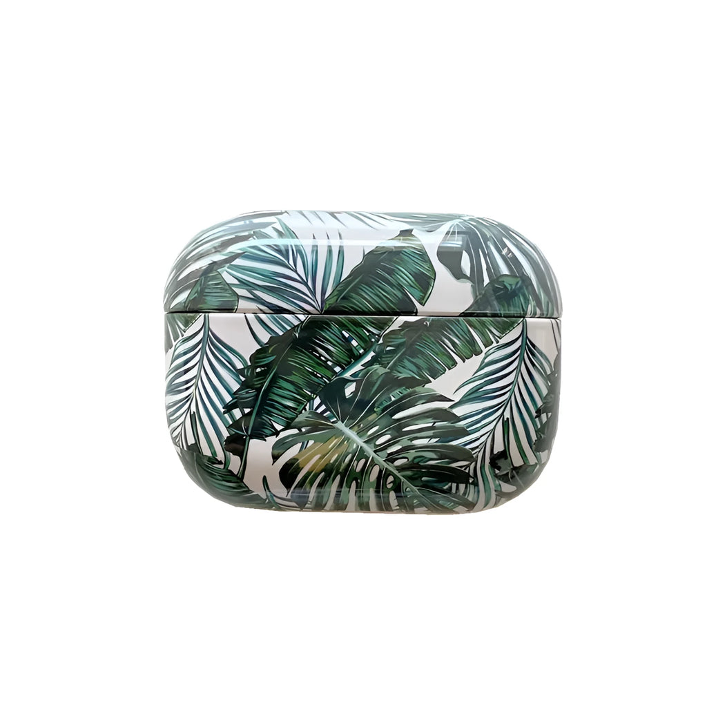 Green TPU protective case for AirPods with a painted banana leaves pattern design.