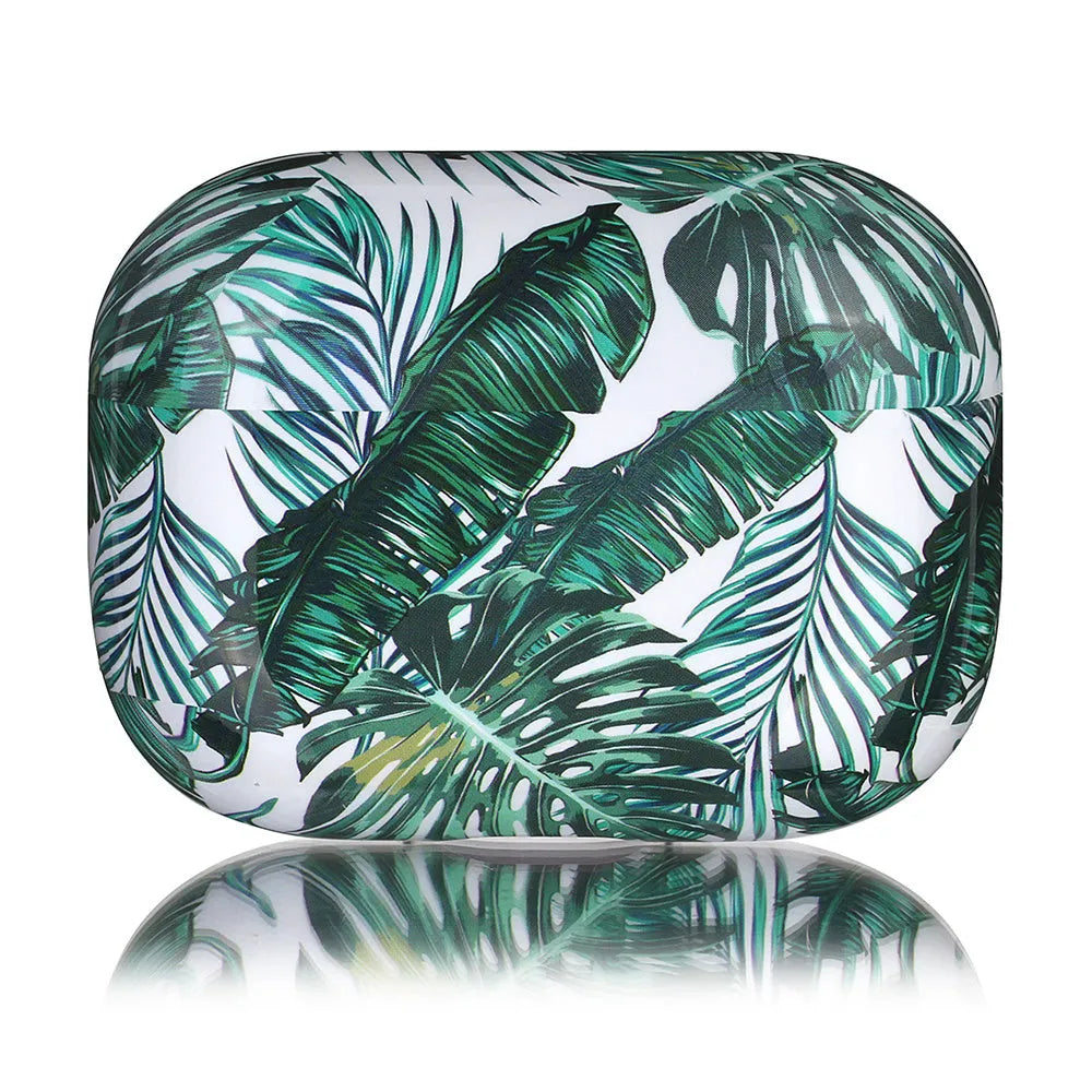 Green TPU protective case for AirPods with a painted banana leaves pattern design.