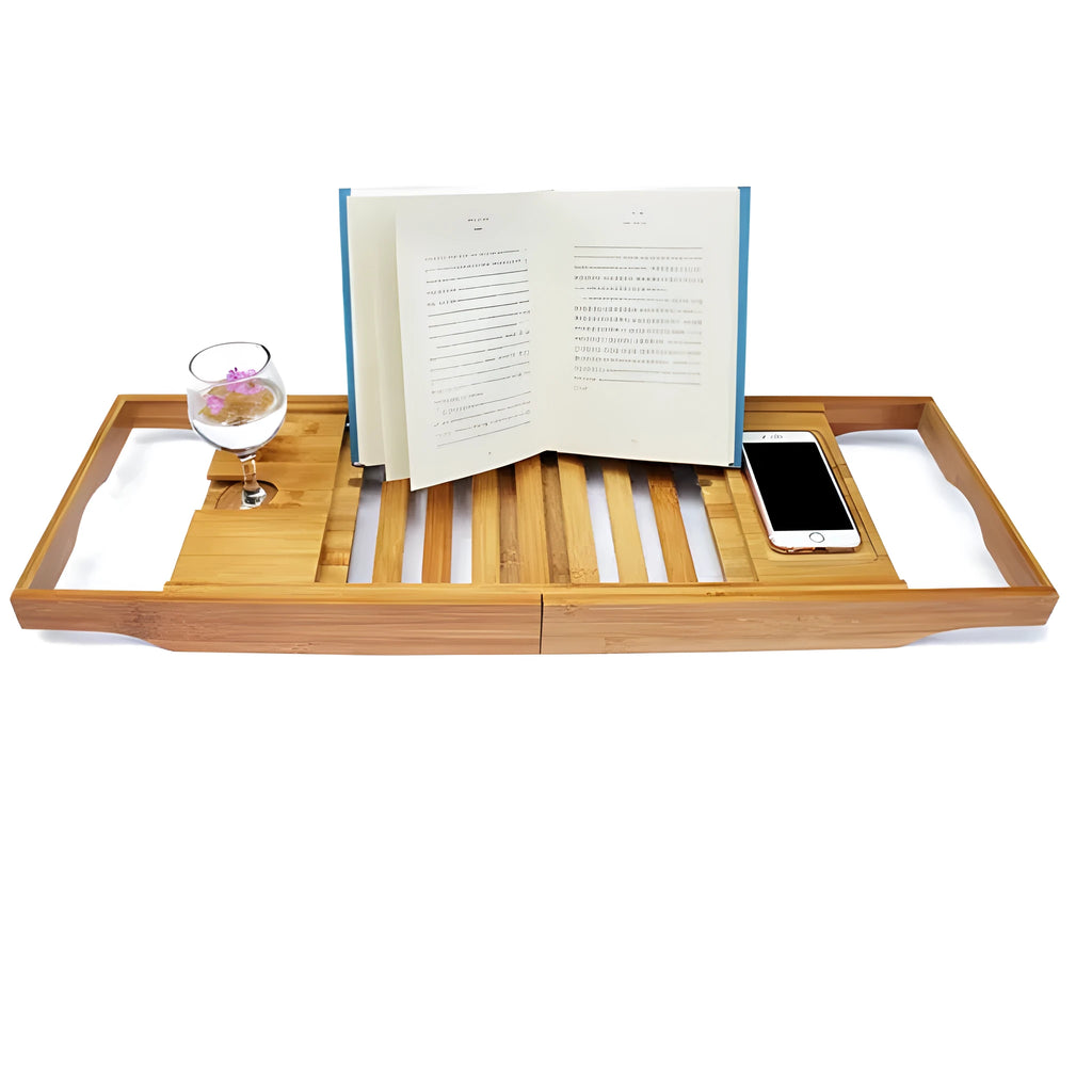 Natural bamboo bathtub frame desktop organiser shelf with one tier for bathroom storage.