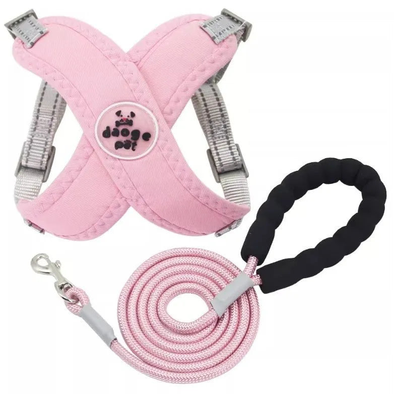 Adjustable dog harness and leash set in blue polyester with vest and hand-holding rope