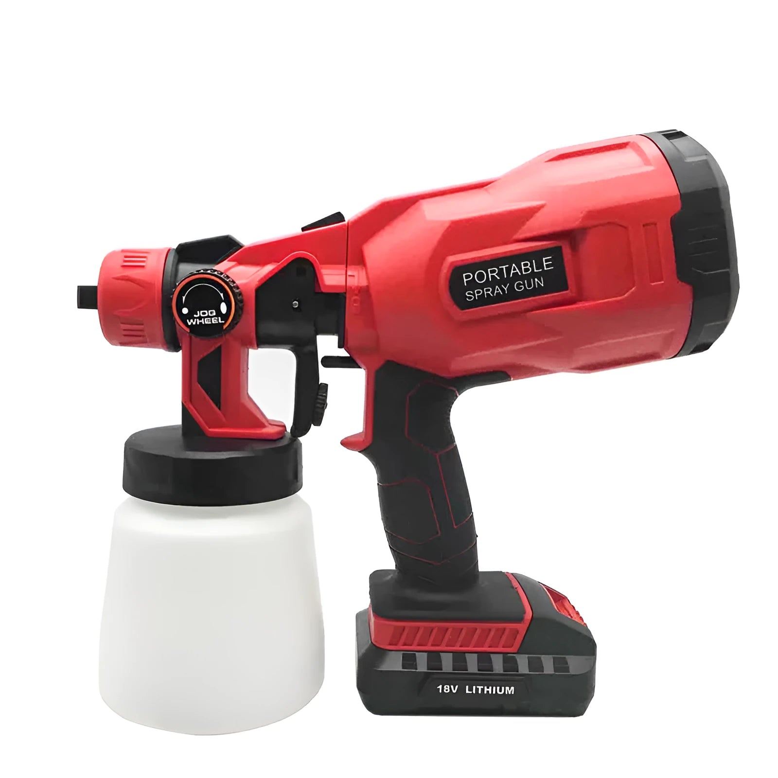 Cordless paint spray gun with blue housing and 800ml paint container showing 1.8mm nozzle