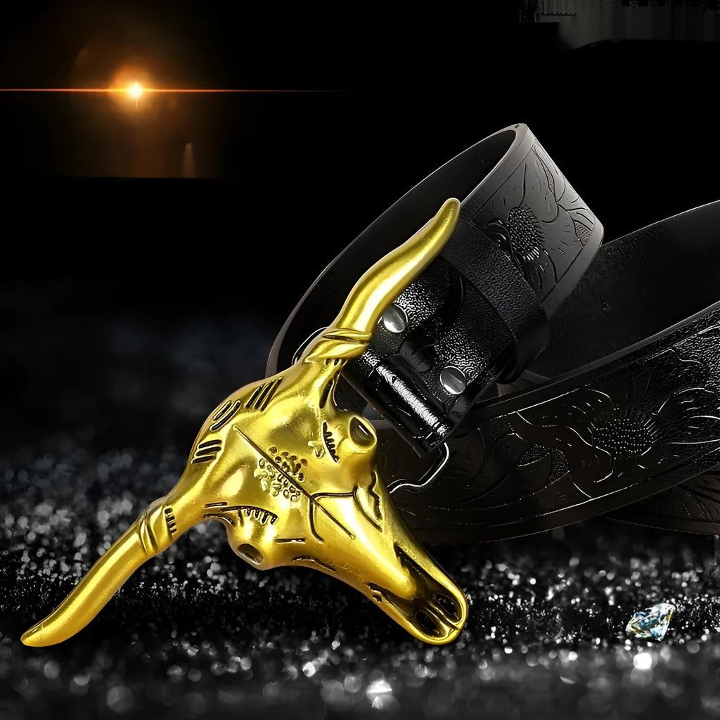 Men's brown leather-look belt with a detailed metal cow head buckle showing carved and embossed details.