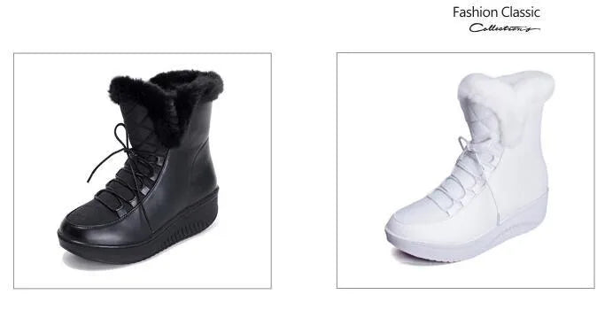 Women's black lace-up winter boots with a platform sole and plush lining on a wooden floor.