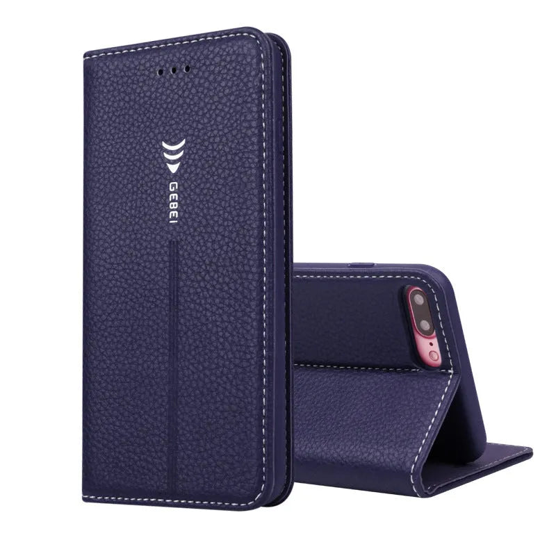 Black PU leather business wallet case for iPhone X showing card slot and cash compartment.