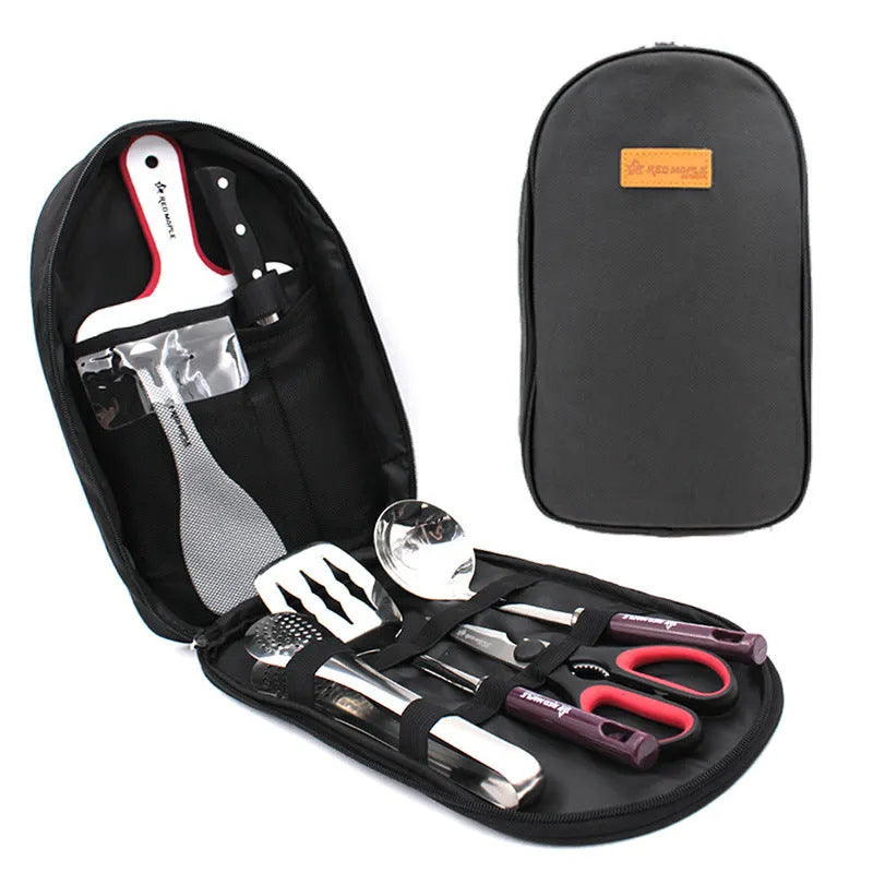 Camp kitchen cooking utensil set 8 pieces stainless steel with oxford storage bag on green background