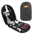 Camp kitchen cooking utensil set 8 pieces stainless steel with oxford storage bag on green background