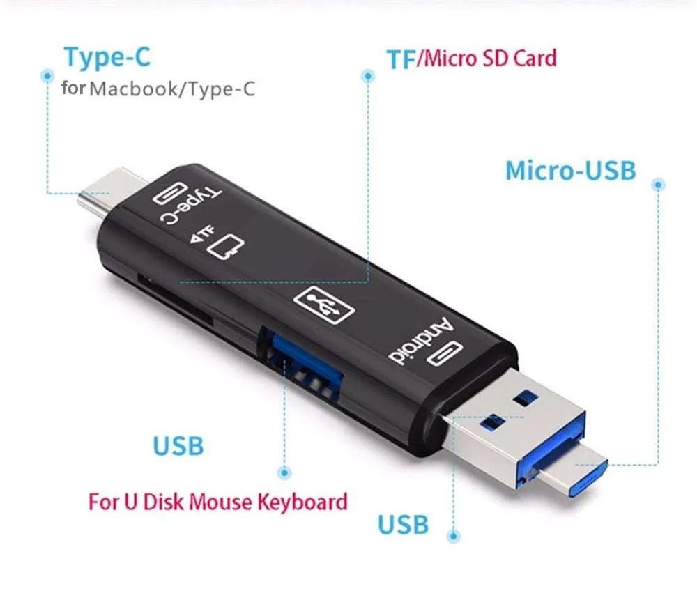 Black and white USB-C to Micro USB OTG hub adapter with TF card slot and two USB ports.