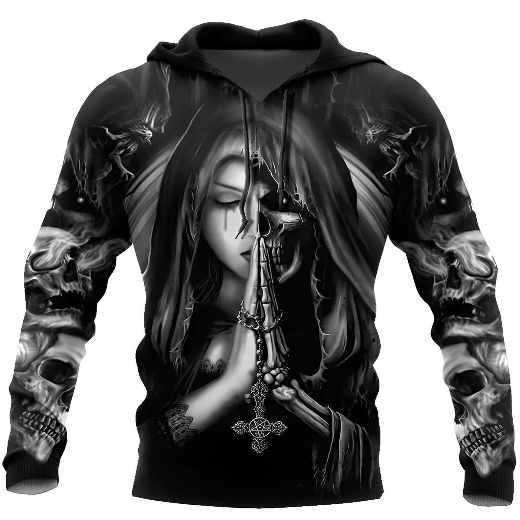 Black hooded sweatshirt with a large 3D white skull anime graphic on the front.