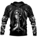 Black hooded sweatshirt with a large 3D white skull anime graphic on the front.