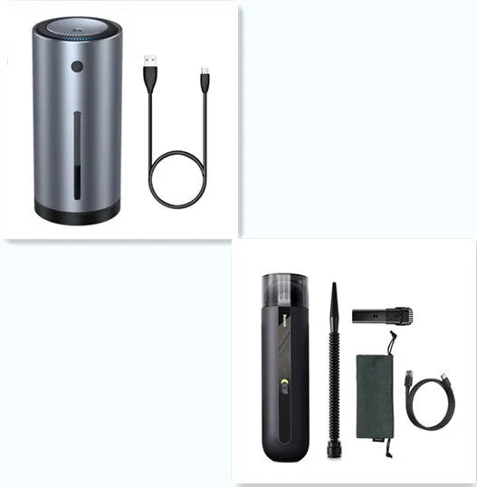 BASEUS wireless handheld car vacuum cleaner in black, white, or green with suction and blowing hose.