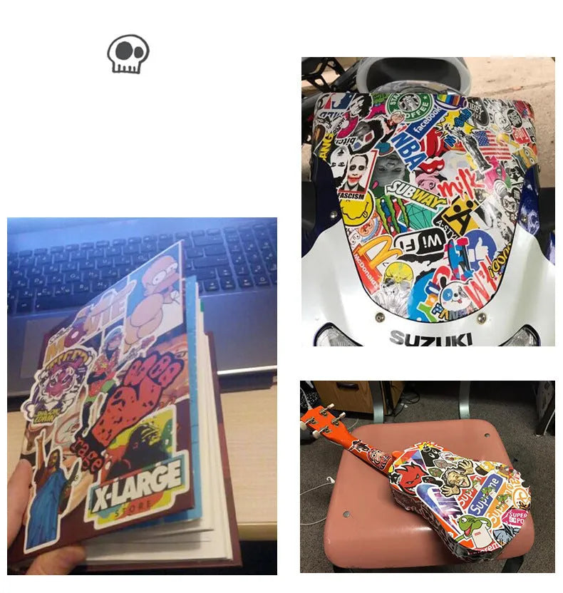Set of 36 large retro-style beach and surfing themed stickers on a sheet, showing assorted designs.