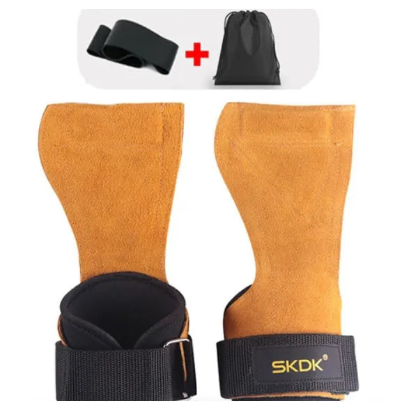 SKDK brown cowhide hand grips with double-layer construction for weight lifting