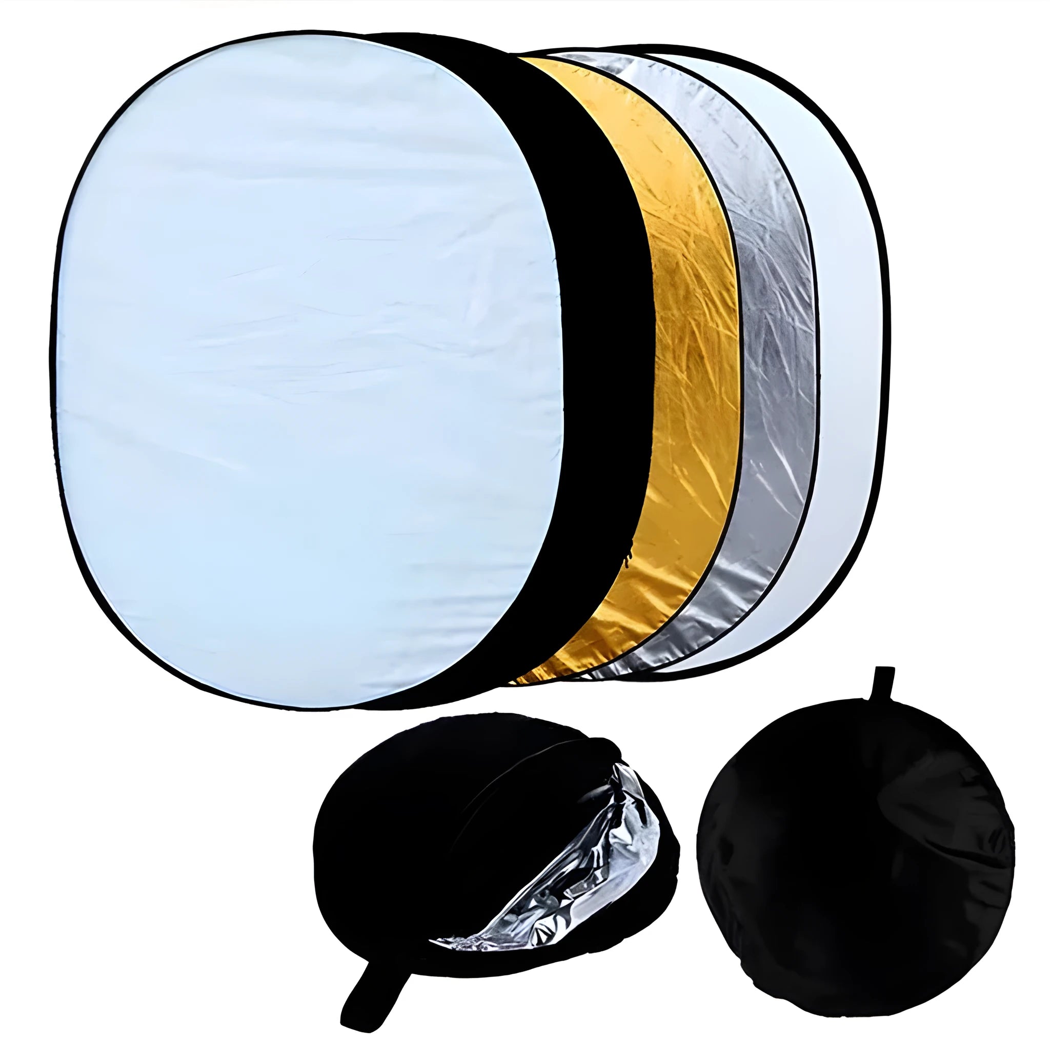 5 in 1 collapsible photography light reflector with gold silver white black translucent surfaces folded with carrying bag