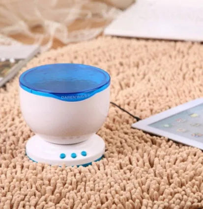 Blue ocean LED projection lamp showing DLP trapezoidal correction for children's puzzle environments
