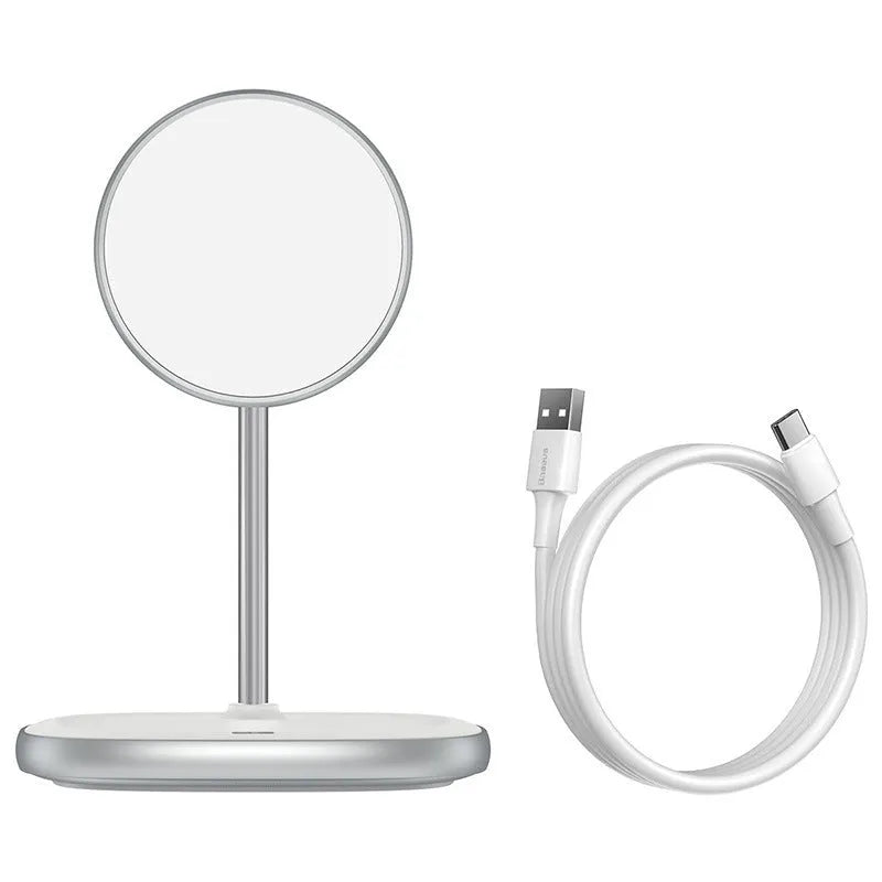 Black magnetic wireless charging stand holding iPhone 12 at angle with Type-C cable connected