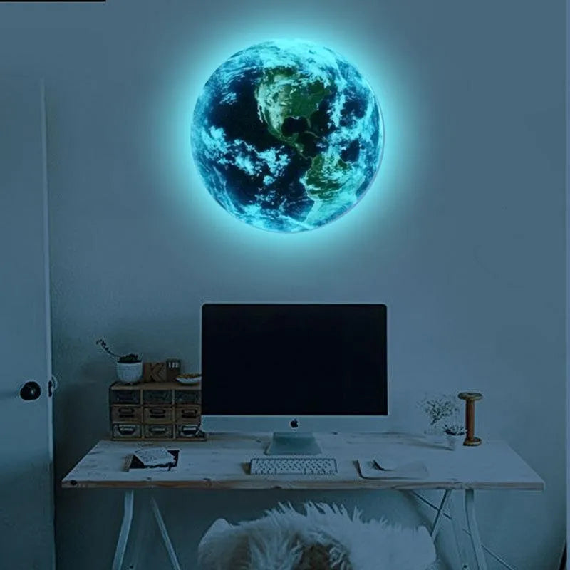 Glow in the dark 3D Earth planet wall sticker in 10cm, 20cm, and 30cm diameter sizes.