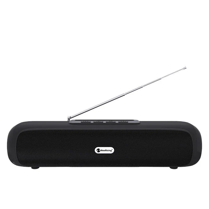 Desktop wireless long strip subwoofer in black, blue, red, or silver grey with USB charging port.