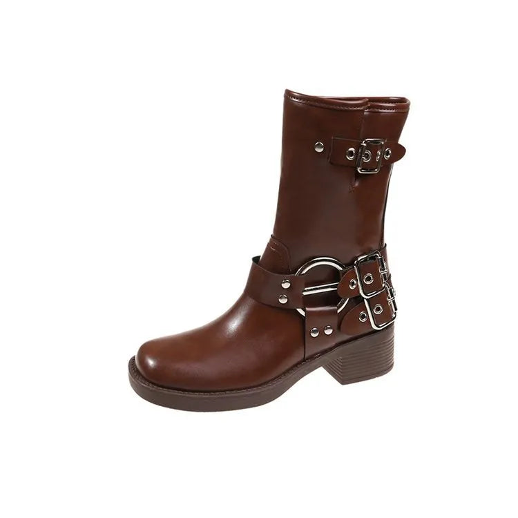 Women's platform boots with belt buckle detail in middle calf length, black and brown colour options